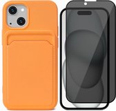 Hoesje Pasjeshouder geschikt voor iPhone 15 - Privacy Screenprotector FullGuard - Siliconen Case Back Cover Oranje & Screen Protector