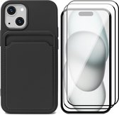 Hoesje Pasjeshouder geschikt voor iPhone 15 - 2x Screenprotector FullGuard - Siliconen Case Back Cover Zwart & Screen Protector