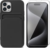 Hoesje Pasjeshouder geschikt voor iPhone 15 Pro Max - Screenprotector GlassGuard - Siliconen Case Back Cover Zwart & Screen Protector
