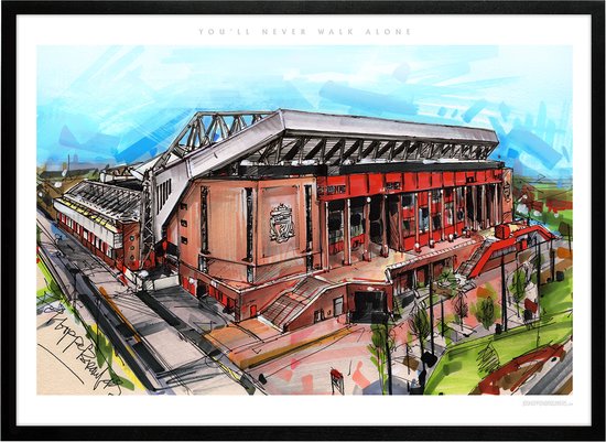 Liverpool voetbalstadion print 71x51 cm *ingelijst & gesigneerd