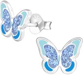 Joy|S - Zilveren vlinder oorbellen - blauw met blauw kristal - 9 x 7 mm