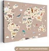 Schilderij voor kinderen - Muurdecoratie kinderkamer - Wereldkaart - Dieren - Bruin - Aarde - Muurdecoratie - Canvasdoek kinderen - 120x80 cm