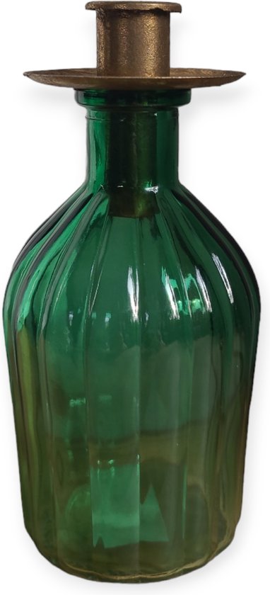 Spant7 - Flesje met Kaarsenhouder - Groen Glas - Goud Metaal - 15 cm hoog