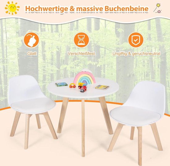 COSTWAY Kindertafel met 2 stoelen, 3-delig. Kinderzitgroep van beukenhout, kinderzitset met concave tafelblad en gevoerde zitting, kindermeubel voor kinderen van 3 tot 8 jaar