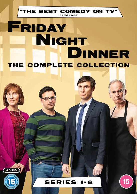 De hoofdrolspelers van Friday Night Dinner: Tamsin Greig, Paul Ritter, Simon Bird en Tom Rosenthal staan op de hoes.