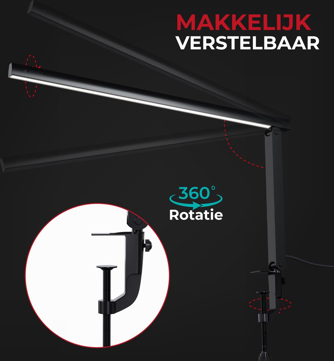 Bolt Electronics® IQ900BER Bureaulamp LED - Leeslamp - Dimbaar - Met klem - Zwart thumbnail 4