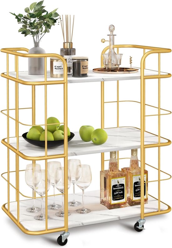 Keukenwagen met universele wielen, serveerwagen 3 planken, marmer, barwagen, modern, mobiele rolwagen, huishoudwagen, metalen frame, multifunctionele trolley voor thuis, restaurant, multifunctionele trolley goud