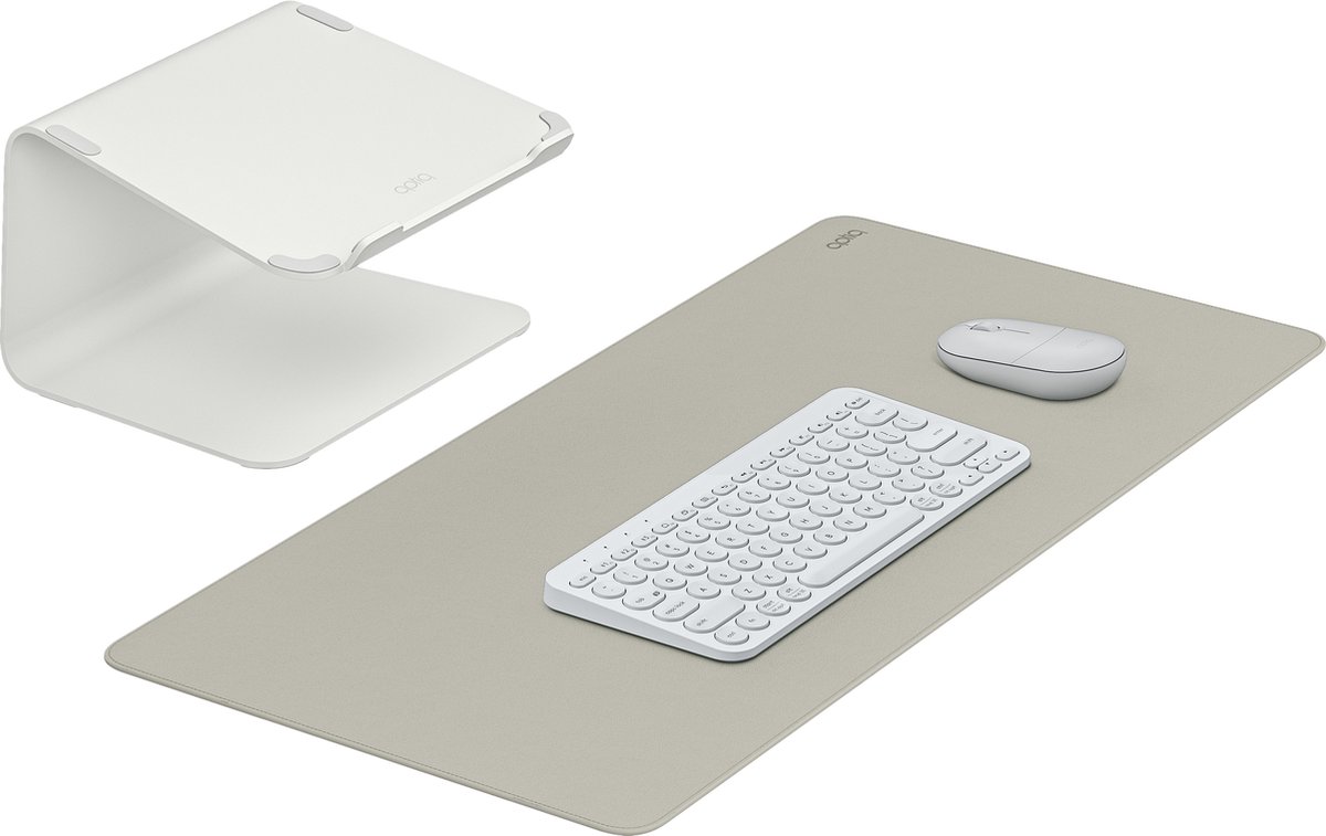 Aptiq Laptop Werkplek Set – Draadloos – Ergonomisch – Toetsenbord – Muis - Desk Mat - Laptopstandaard – Wit