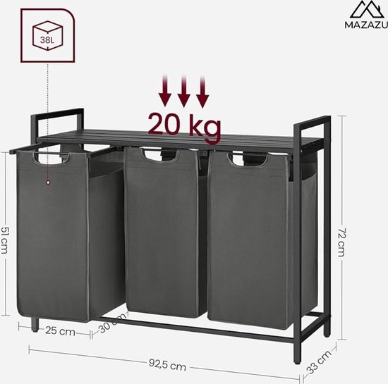 MIRA Home - Wasmand - 2 vakken - Wassorteerder - Waszak - 2x46 Liter - 73x33x177