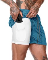 Pantalon de sport bleu avec caleçon moulant blanc - Poches fines - Shorts - Course à pied - Sports - Gym - Fitness