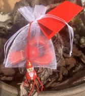 3 Sinterklaas schoencadeautjes Pinbal rood in organza zakje met gelukspoppetje en kaartje