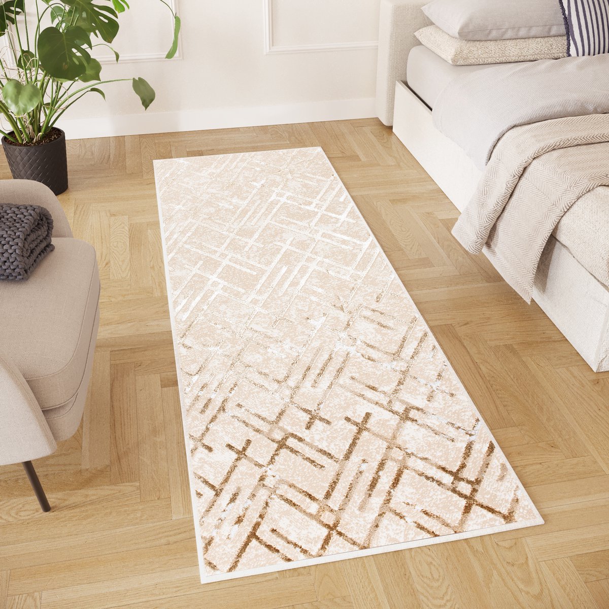 Tapiso Crystal Loper Tapijtloper Beige Laagpolig Kleed Vloerkleed Maat- 70x900