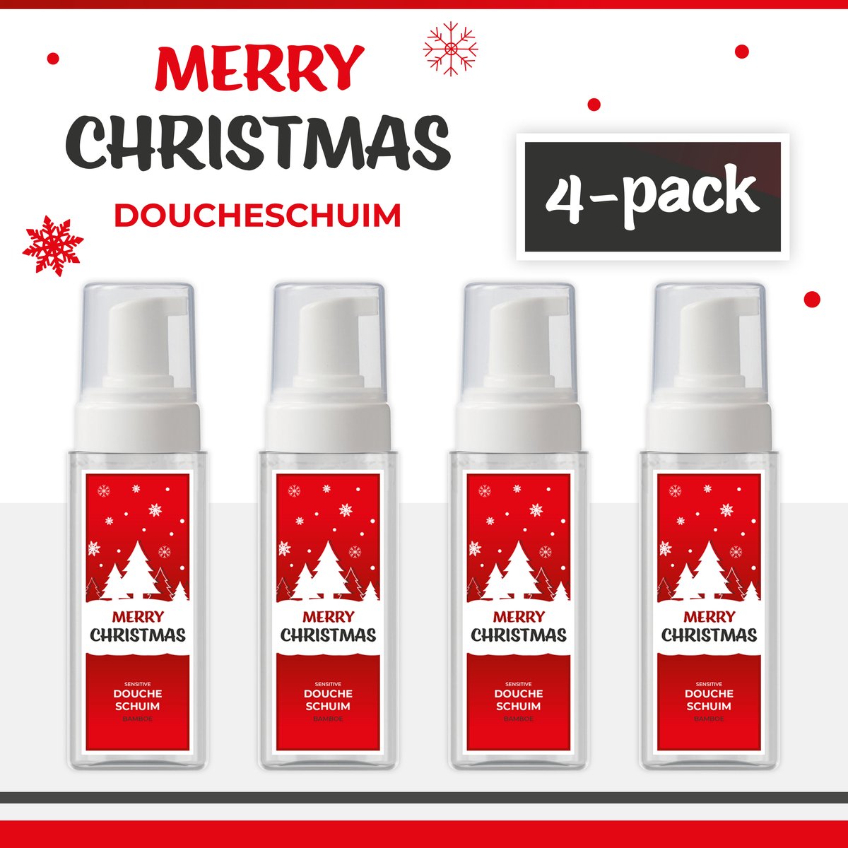 Goedkoopste Doucheschuim Merry Christmas - 4-Pack - 180 ml - 720 gram | Bamboe - Cadeau - Kerst - Kerstpakket - Kerstgeschenk - Klein Kerstcadeautje - Kerstpakketten - Christmas Gift - Fijne Kerstdagen - Cadeautje - Feestdagen - Rood