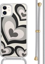 Casimoda® hoesje met grijs koord - Geschikt voor iPhone 11 - Hart Swirl Zwart - Afneembaar koord - TPU/acryl - Zwart