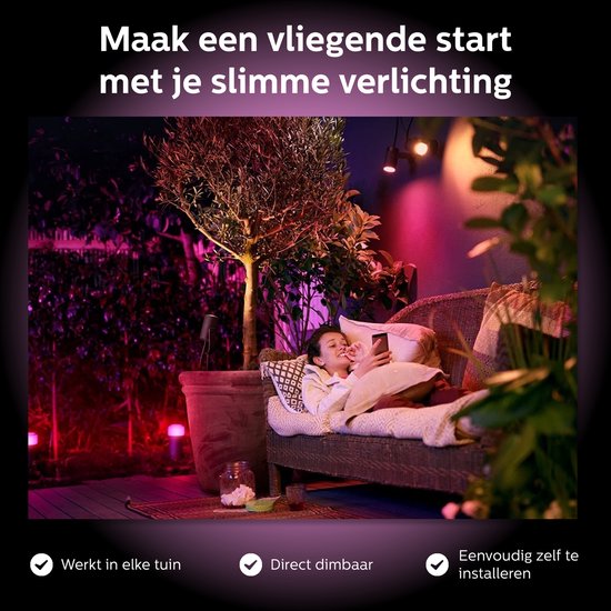 Philips Hue Lily Basisset Voordeelpakket van 4 Tuinspots (Antraciet) - Wit en Gekleurd Licht - Incl. 1 Voedingskabel - Tuinverlichting - Hue White and Color Ambiance