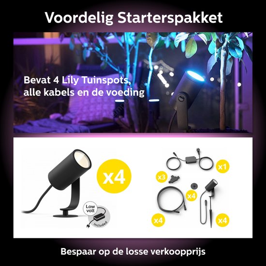 Philips Hue Lily Basisset Voordeelpakket van 4 Tuinspots (Antraciet) - Wit en Gekleurd Licht - Incl. 1 Voedingskabel - Tuinverlichting - Hue White and Color Ambiance