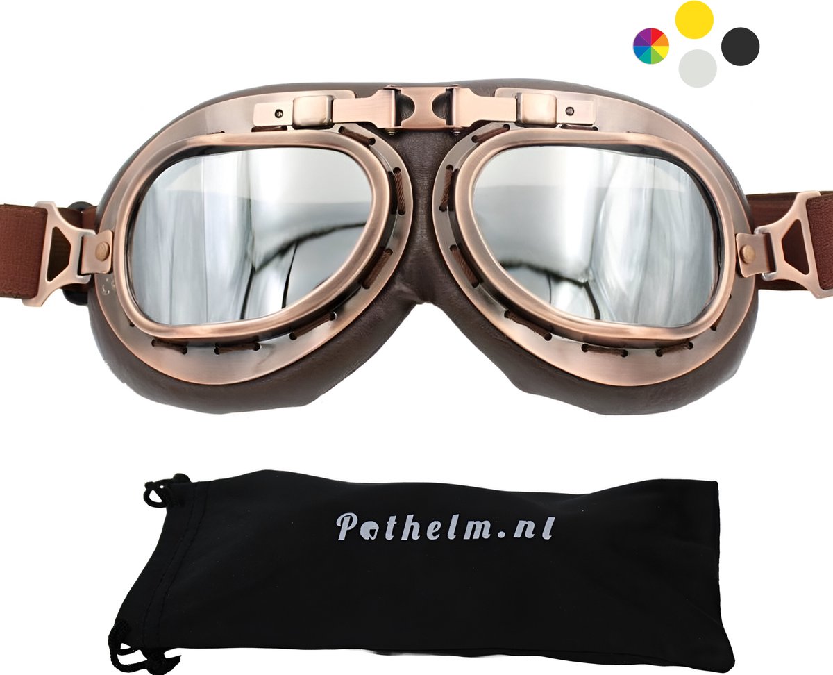 CRG Vintage Motorbril - Retro Motorbril Heren voor Motorrijders - Koper Kleur - Zilver Reflectie Glas