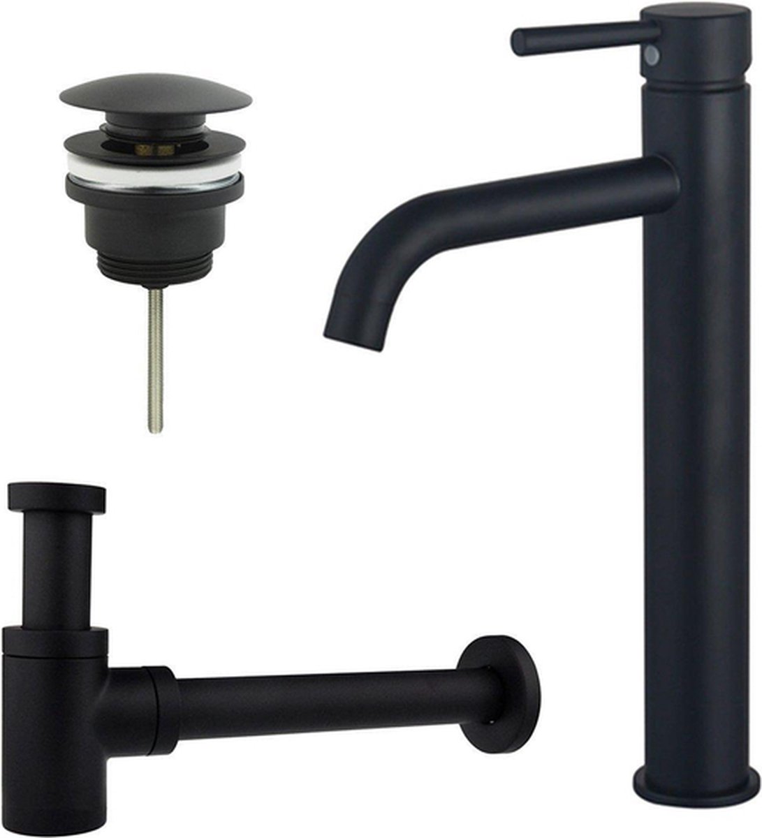 FortiFura Calvi Wastafelkraanset verhoogde wastafelkraan klikwaste plug verlaagde design sifon Mat zwart