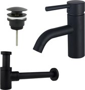 FortiFura Calvi Wastafelkraanset - lage wastafelkraan - klikwaste plug - verlaagde design sifon - Mat zwart