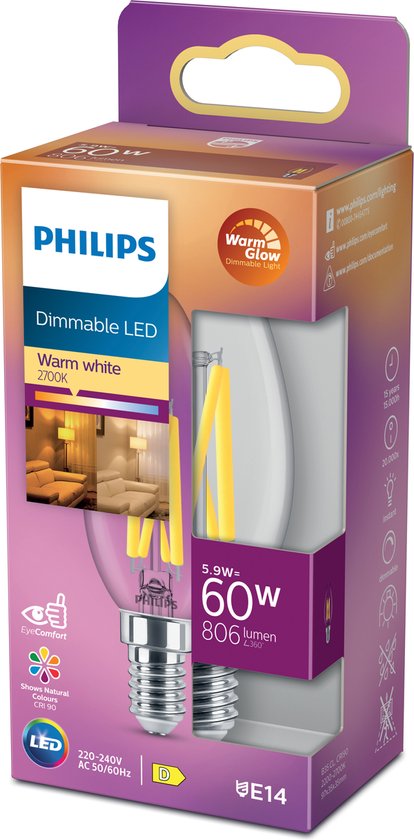 Philips LED-lamp - E14 Kaars - 5.9 W - Warmwit - (Ø x l) 35 mm x 97 mm - 1 stuk(s)