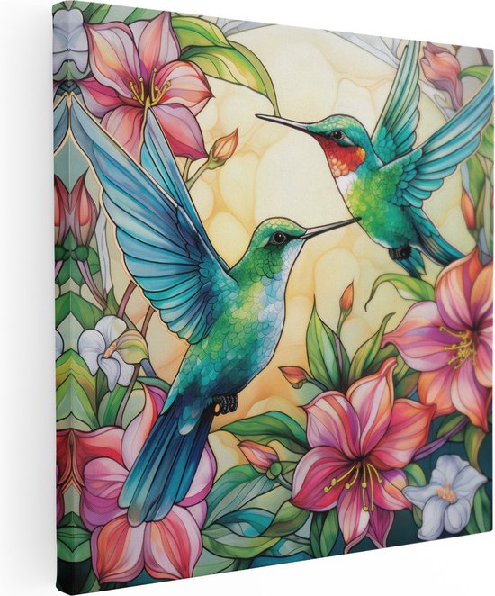 Artaza Canvas Schilderij Kolibries van Glas in Lood - 90x90 - Groot - Foto Op Canvas - Wanddecoratie Woonkamer