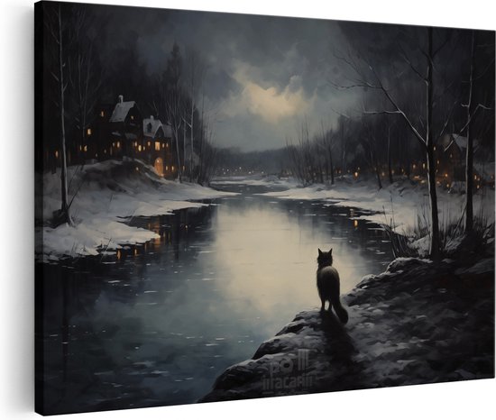 Artaza Canvas Schilderij Kat tijdens een Donkere Winter Nacht - Foto Op Canvas - Canvas Print