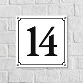 Huisnummerbord Wit Dibond Deluxe - Nummer 14 - incl. bevestiging | - naambord - nummerbord - voordeur | formaat 12 x 12 cm | - huisnummerbordje - nummerbord - voordeur