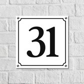 Huisnummerbord Wit Dibond Deluxe - Nummer 31 - incl. bevestiging | - naambord - nummerbord - voordeur | formaat 12 x 12 cm | - huisnummerbordje - nummerbord - voordeur