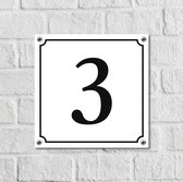 Huisnummerbord Wit Dibond Deluxe - Nummer 3 - incl. bevestiging | - naambord - nummerbord - voordeur | formaat 12 x 12 cm | - huisnummerbordje - nummerbord - voordeur