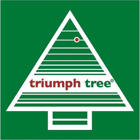 Logo van Triumph Tree in de vorm van een groene kerstboom met rode tekst.