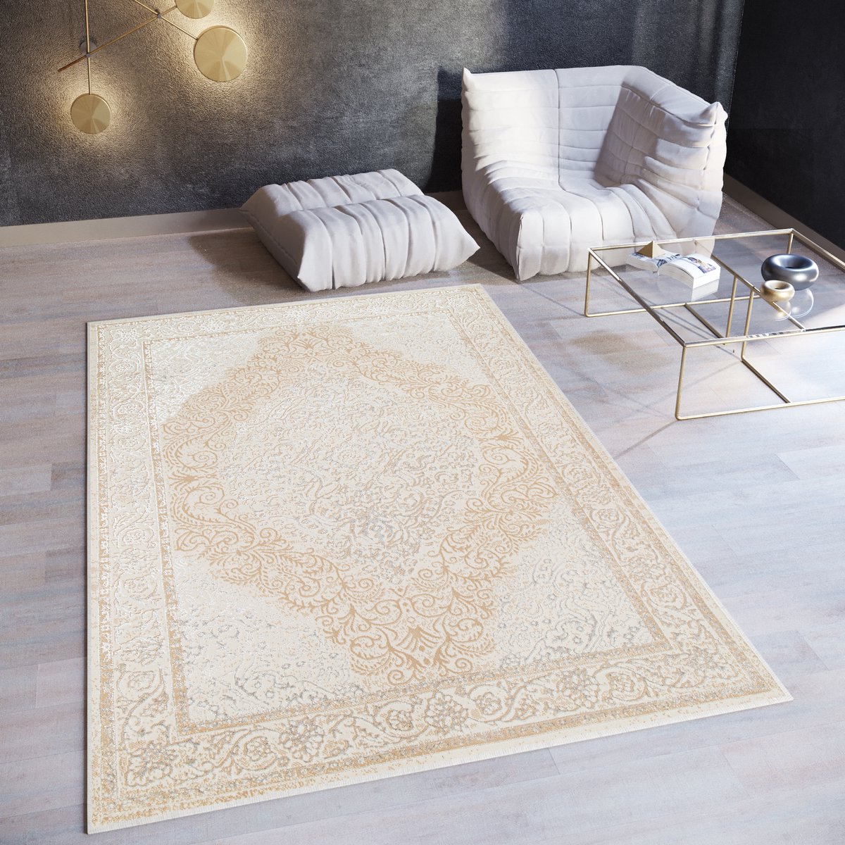 Tapiso Ares Vloerkleed Beige Laagpolig Woonkamer Gebloemd Oriental Tapijt Maat- 80x150 Creme