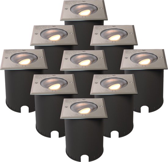 HOFTRONIC - Set van 9 Cody LED Grondspots XL RVS - Vierkant - Dimbaar en kantelbaar - IP67 Waterdicht - GU10 4.5W 345 Lumen - Geschikt voor tuin, oprit en pad