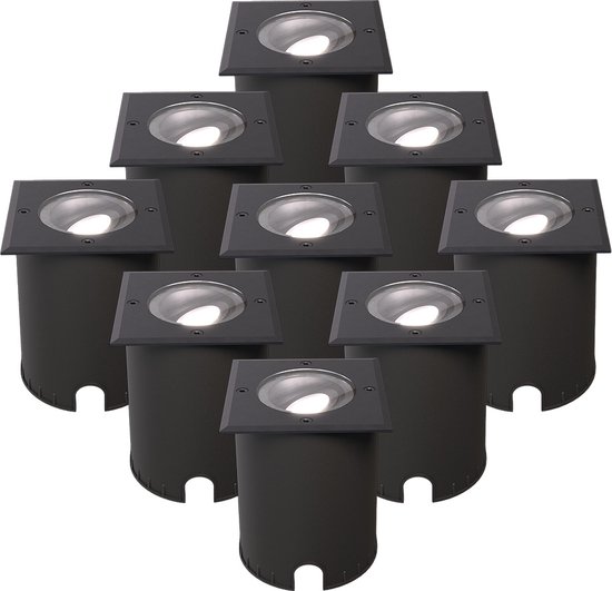 HOFTRONIC - Set van 9 Cody LED Grondspots XL Zwart - Vierkant - Dimbaar en kantelbaar - IP67 Waterdicht - RVS - Geschikt voor tuin, oprit en pad