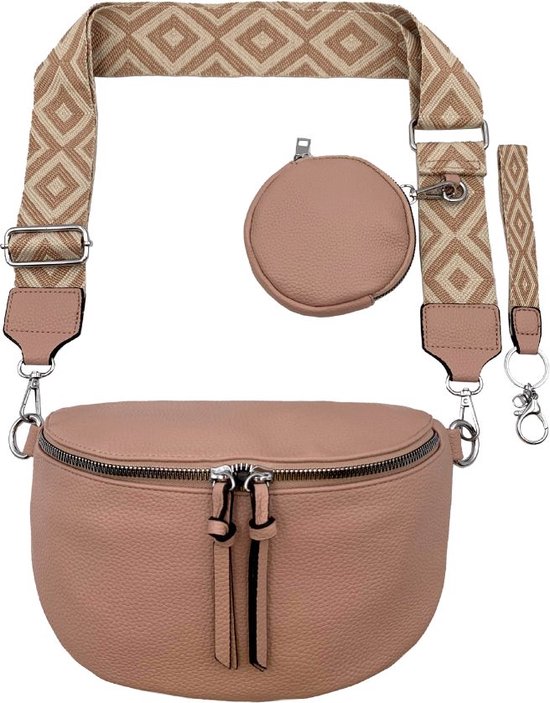 Sac crossbody femme rose - Avec pochette + porte-clés - Petit sac à bandoulière - Sac taille femme - Sangle de sac - Ceinture de sac - Sangle large