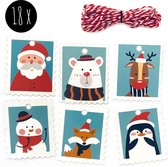 18x Cadeaulabels Kerst / Labels Kerstcadeau / Kerstlabels | met touw | kerstman + sneeuwpop + rendier + pinguïn + beer + vos