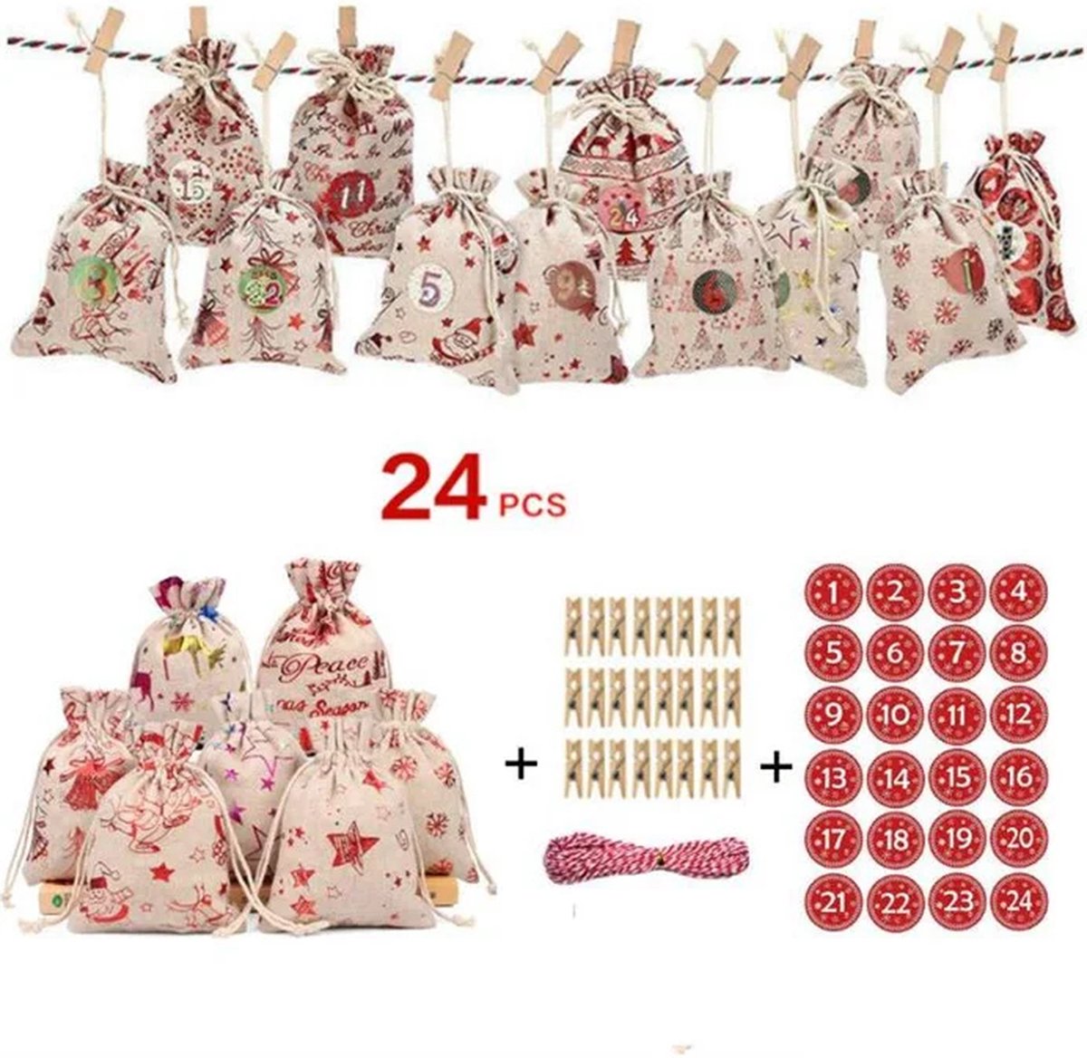 MOZY - #1 DIY Adventskalender Zakjes - 24 Jute Zakjes - Rode Stickers - Inclusief Knijpertjes en Touw - Adventskalender Zelf Vullen - Kerstdecoratie - Kerst - Kerstcadeau - Aftellen Kerst