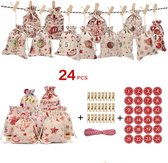 MOZY - #1 DIY Adventskalender Zakjes - 24 Jute Zakjes - Rode Stickers - Inclusief Knijpertjes en Touw - Adventskalender Zelf Vullen - Kerstdecoratie - Kerst - Kerstcadeau - Aftellen Kerst