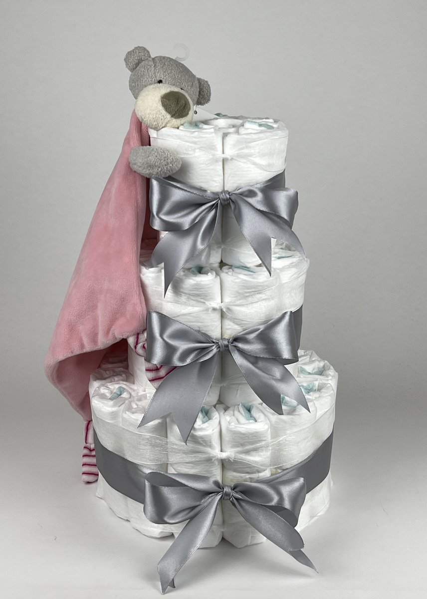 Goedkoopste Chouette-Chouette | Luiertaart Meisje | Kraamcadeau | Geboorte Meisje | Babyshower | Knuffeldoek Beer Roze - Grijs