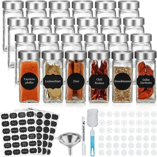 FRIBERG Kruidenpotjes van glas, rond, 120 ml, met roestvrijstalen deksel, 24 stuks, kruidenpotjes voor de keuken, trechter, reinigingsborstel, pen en stickers