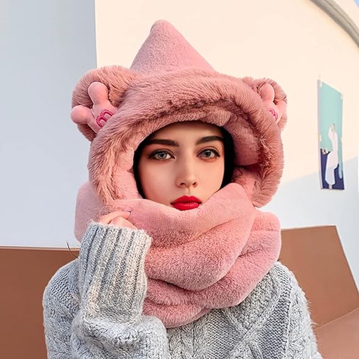 Écharpe à capuche en peluche avec poche, ensemble de gants, écharpe d'hiver,  bonnet, oreille de