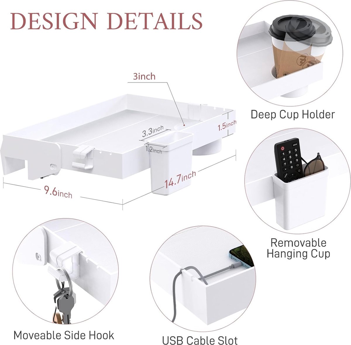 GBKDQQ Étagère De Chevet Flottante Clip – Table De Nuit Suspendue Pour Lit Superposé, Lit Sommier Tapissier – 32x23,3x5,3 Cm Avec Gestion Câbles, Charge 15 Kg