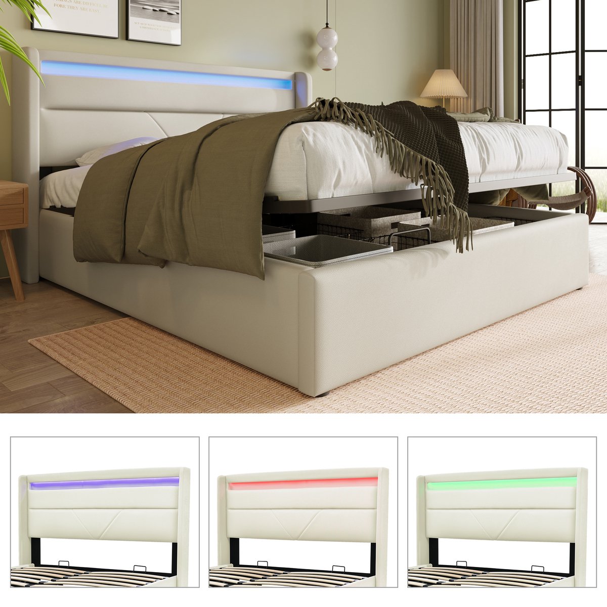 Hydraulisch opbergbed met LED-verlichtingsstrip - gestoffeerd bed 140x200cm - tweepersoonsbedframe - functioneel bed - wit (met afstandsbediening)