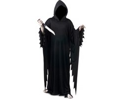 KIMU® Kostuum Geest Kinderen Spook Pak Zwart - Maat 134 140 146 - Magere Hein Lange Cape Capuchon Scream Jongen Ghostface Grim Reaper Halloween