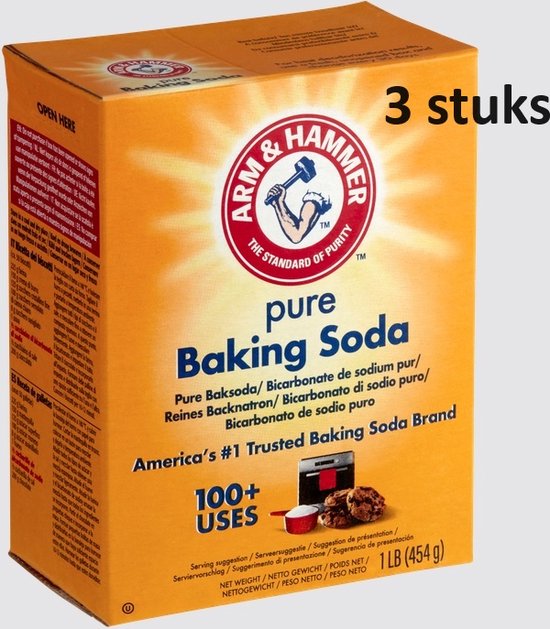 Drie oranje kartonnen pakken Arm & Hammer pure baking soda op een grijze achtergrond. "3 stuks" is rechtsboven aangegeven.