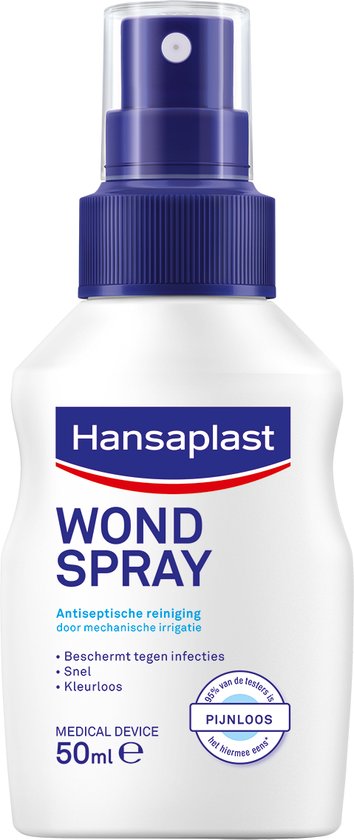 Hansaplast Wondontsmetting - Wondspray - 50ml - Wondreiniging - Beschermt effectief tegen infecties - Snel en pijnvrij aan te brengen - Kleurloze oplossing die geen vlekken op kleding maakt - Gemakkelijk te gebruiken -Zeer huidvriendelijk