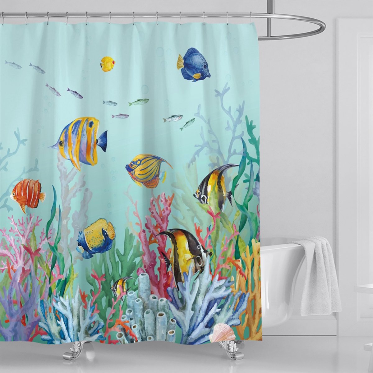 Floraweg Douchegordijn,Shower Curtain,badgordijn,badkamergordijn,onderwaterwereld, kustkust, golven, bloemen , digitale printen -Anti Schimmel - Inclusief 12 ringen -met 12 stuks douchegordijnhaken – Waterdicht -Wasbaar- Polyester - 180x200 cm — afbeelding 2