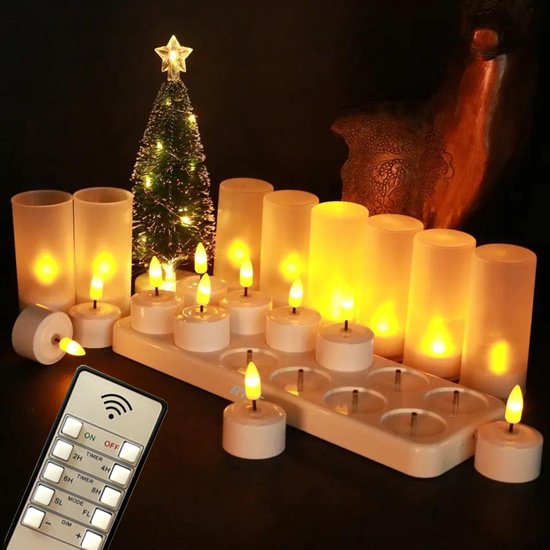 RYCE ® Oplaadbare 3D LED Waxinelichtjes - Met afstandsbediening en Timer - Theelichtjes Met Behuizing - 25+ Uur Lichttijd - 12 Stuks - Veilig & Duurzaam - Oplaadbare Kaarsen