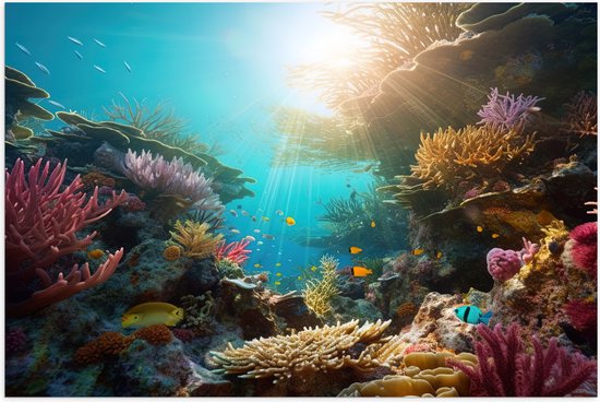 Poster (Mat) - Onderwater - Oceaan - Zee - Koraal - Vissen - Kleuren - Zon - 75x50 cm Foto op Posterpapier met een Matte look
