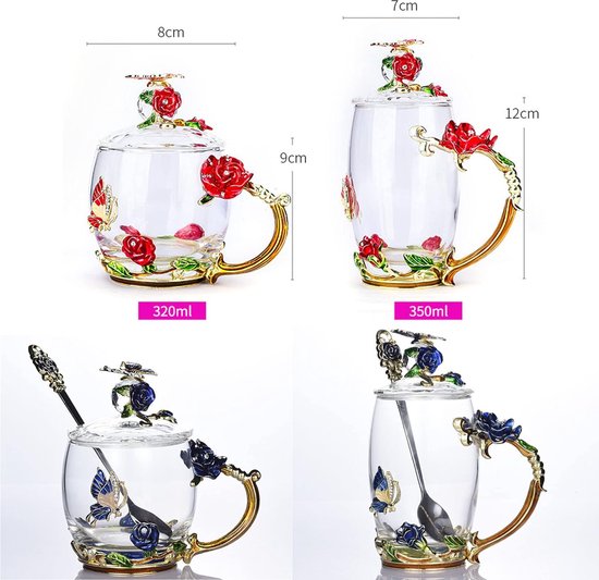 Bloem Glazen Theekopje, Emaille Glazen Kopjes met Delicate Lepel,Rozen Drinkbekers met Handgrepen Koffiebekers,Verjaardag, Valentijnsdag, Moederdag, Huwelijksverjaar (Rood, Hoog) van Bloem — afbeelding 4