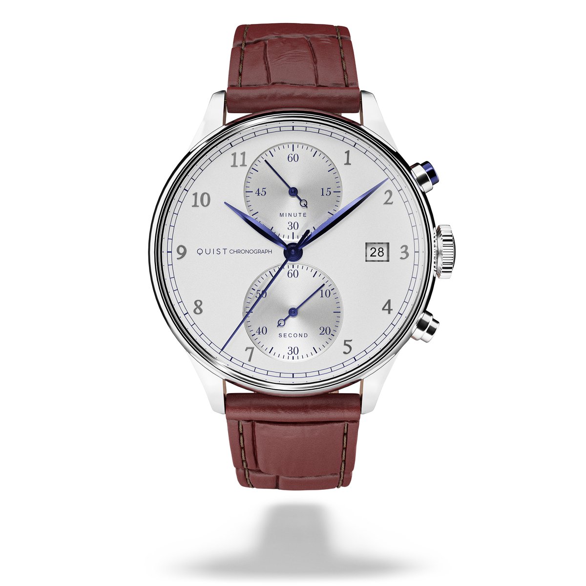 QUIST - Chronograph herenhorloge - zilver - witte wijzerplaat - bruine croco lederen horlogeband - 41mm